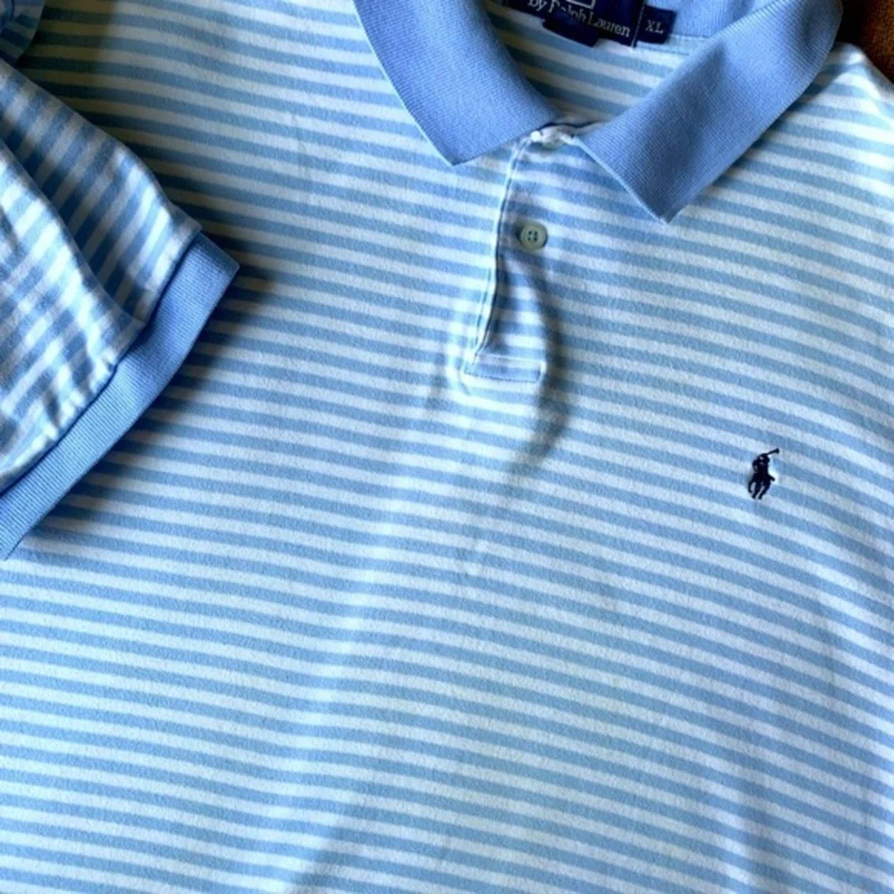 Men's Polo Ralph Lauren XL 100%‎ Cotton Blue & White Striped  Shirt Sleeve Golf